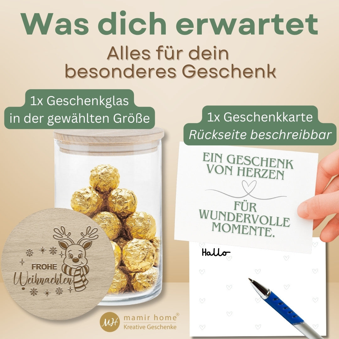 Lieferumfang: Vorratsglas Weihnachten mit Rentier-Gravur und Geschenkkarte