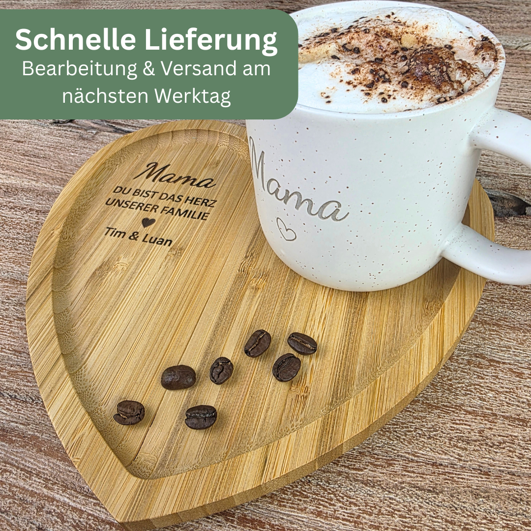 Muttertagsgeschenk Mama personalisiert – Tasse Mama & Herz Tablett mit Gravur | Geschenk für Mama & Oma | Du bist das Herz unserer Familie + Namen