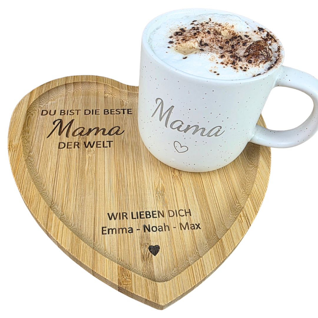 Muttertagsgeschenk Mama personalisiert – Tasse mit Herz-Tablett | Geschenk für Mama mit Namen | Du bist die beste Mama/Oma der Welt