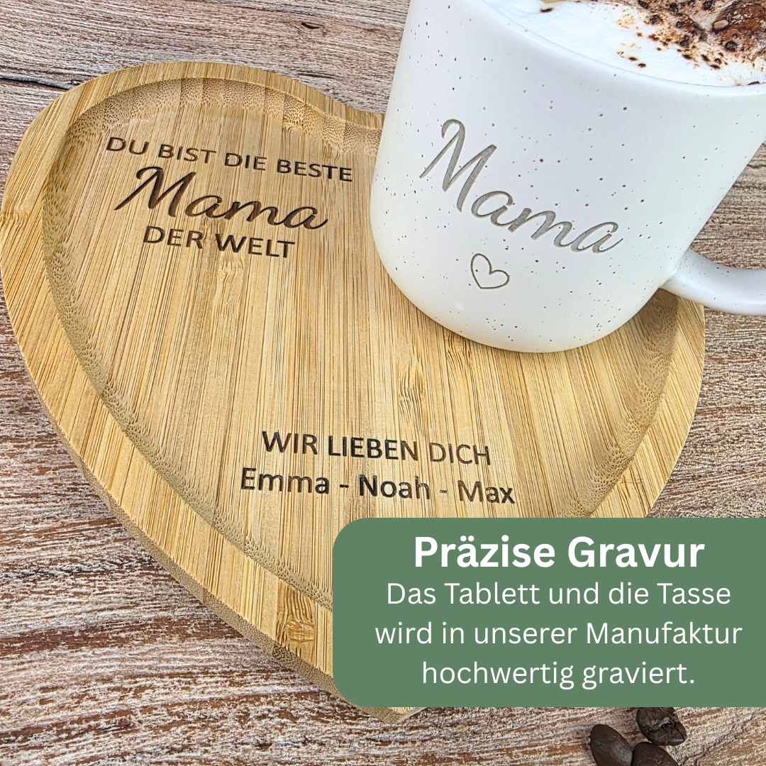 Muttertagsgeschenk Mama personalisiert – Tasse mit Herz-Tablett | Geschenk für Mama mit Namen | Du bist die beste Mama/Oma der Welt