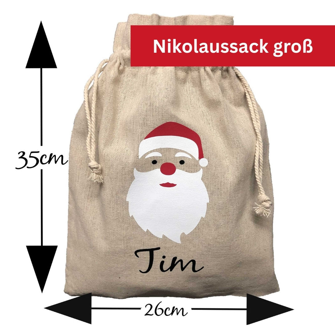 Großer Nikolaussack 26x35 cm mit Namen Tim – Weihnachtsbeutel aus Leinen mit Santa Motiv