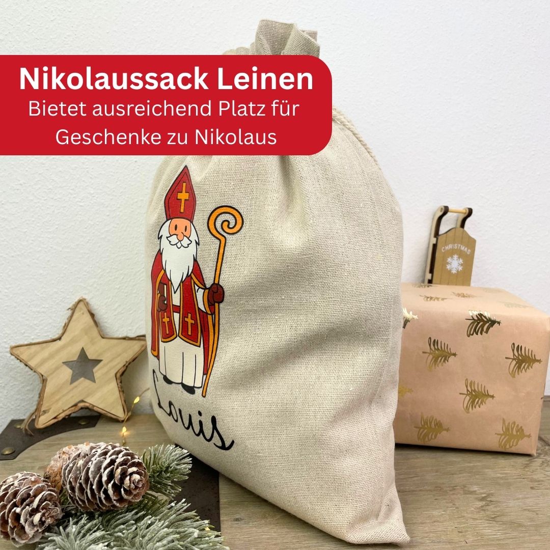 Nikolaussack aus Leinen, bedruckt mit Nikolaus-Motiv und Name Louis – Geschenkverpackung zu Nikolaus