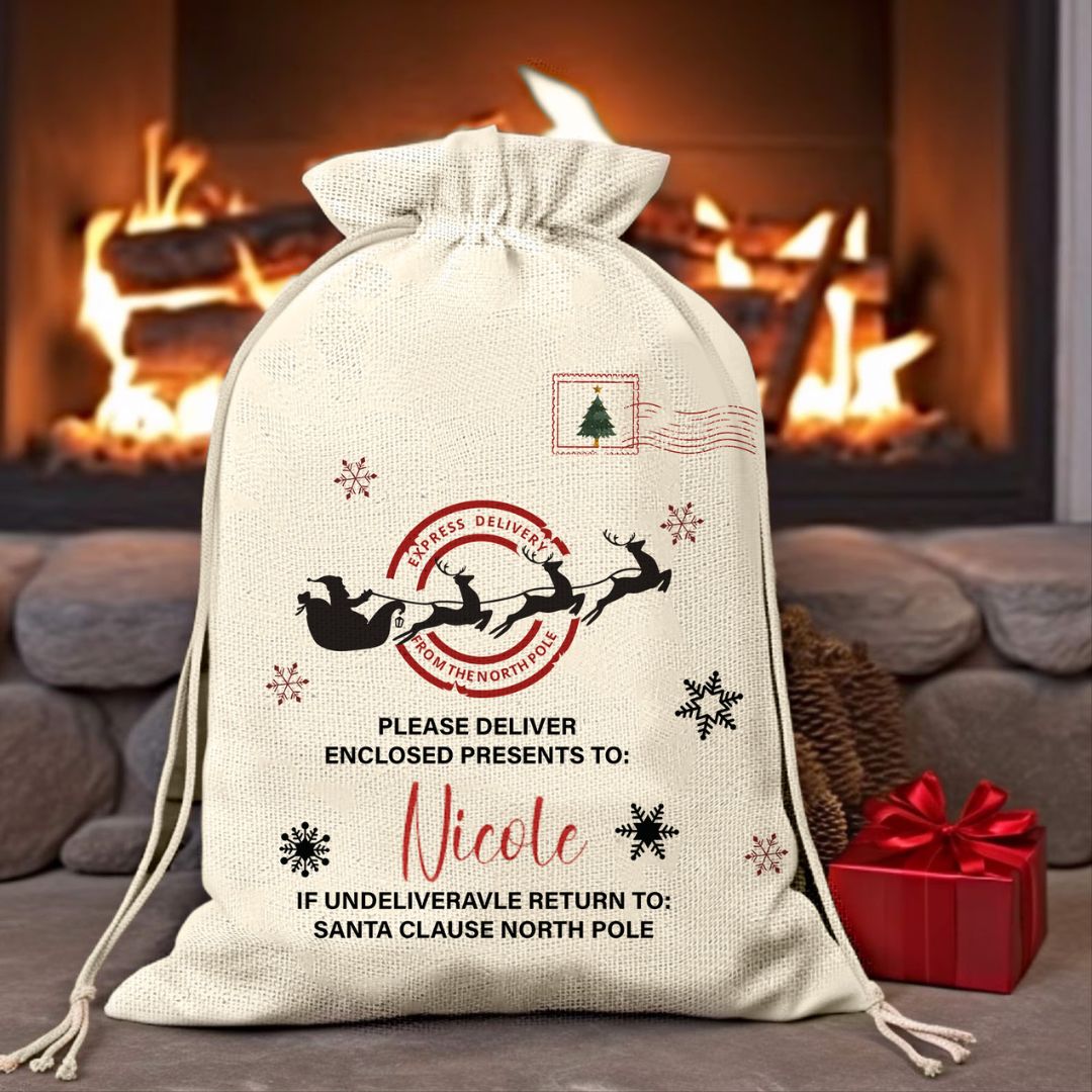 Nikolaussack 26x35 cm aus Leinen im Postsack-Look mit Name Hanna und Weihnachtsmotiven