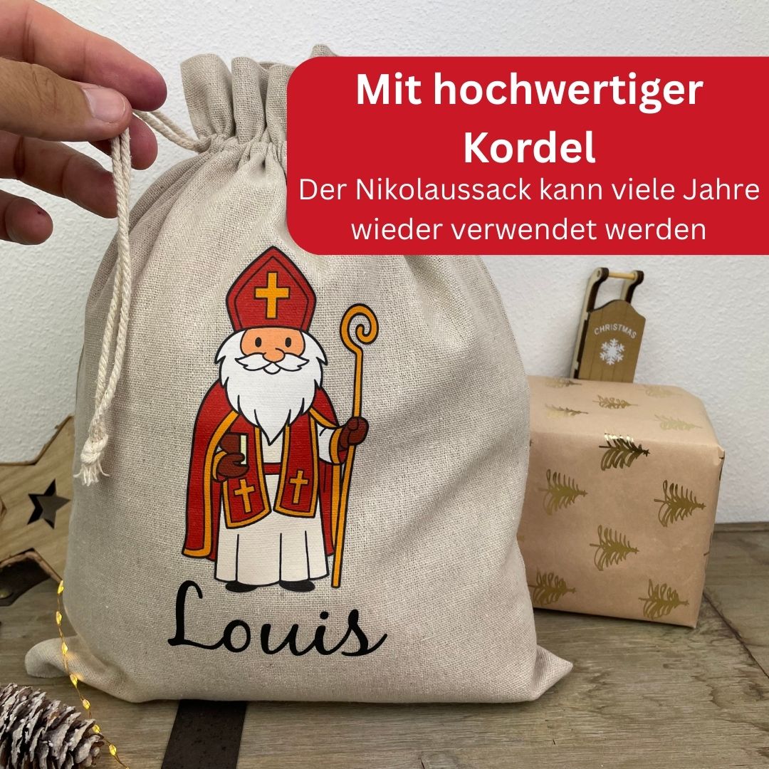 Nikolaussäckchen aus Leinen mit hochwertiger Kordel – personalisiert mit Name Louis