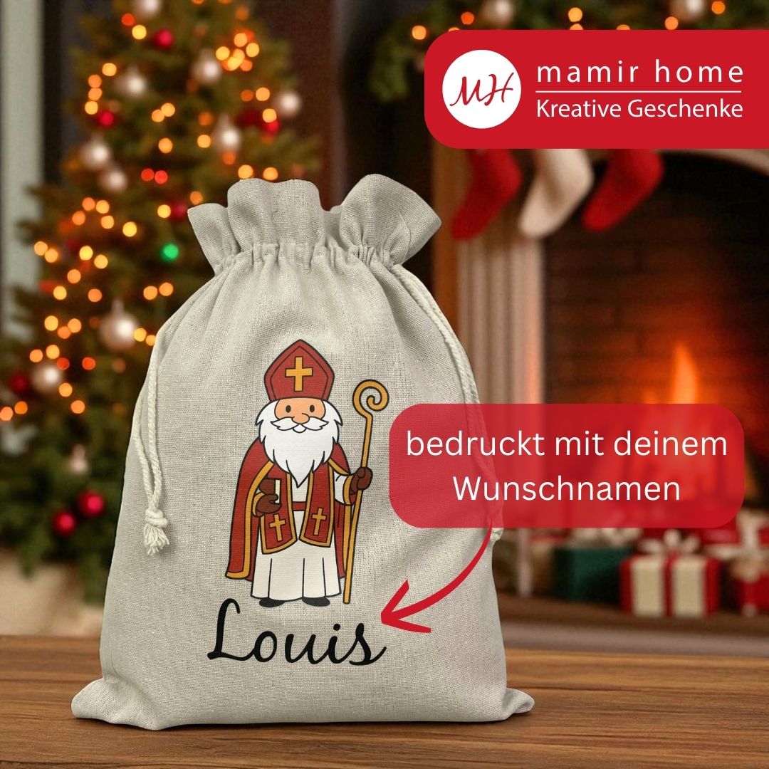 Nikolaussäckchen personalisiert mit Name Louis – Nikolausgeschenk Kinder vor Weihnachtsbaum