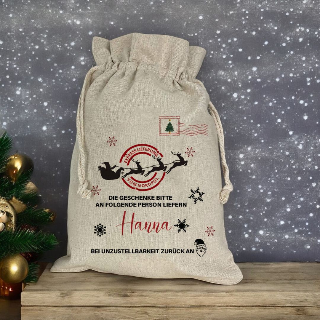 Personalisierter Nikolaussack mit Name Hanna, Leinen 26x35 cm – Geschenkbeutel Weihnachten im Postsack-Stil