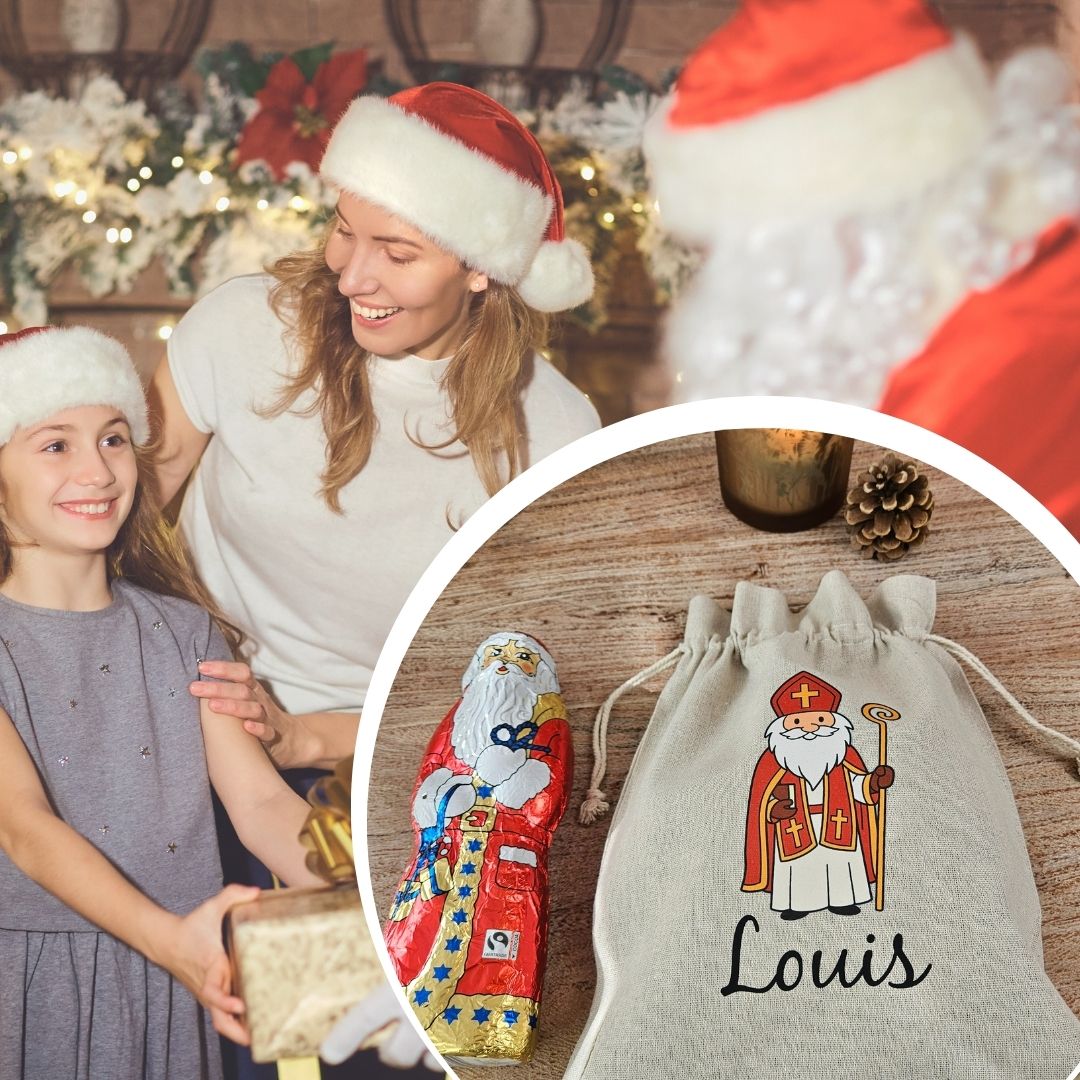 Nikolausgeschenk für Kinder – Nikolaussack personalisiert mit Name Louis neben Schokolade