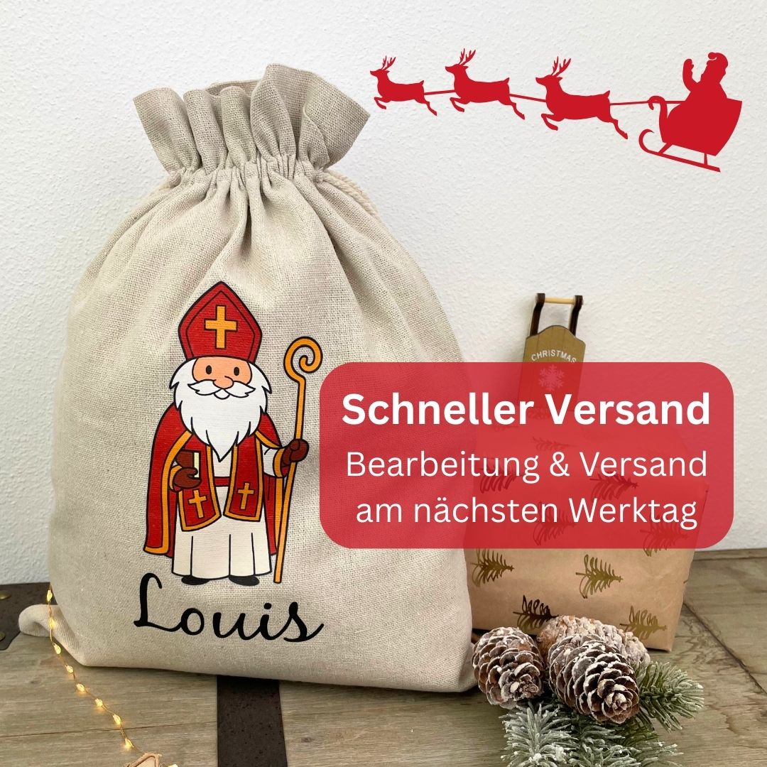 Nikolaussack bedruckt mit Wunschnamen – Geschenkverpackung Nikolaus aus Leinen
