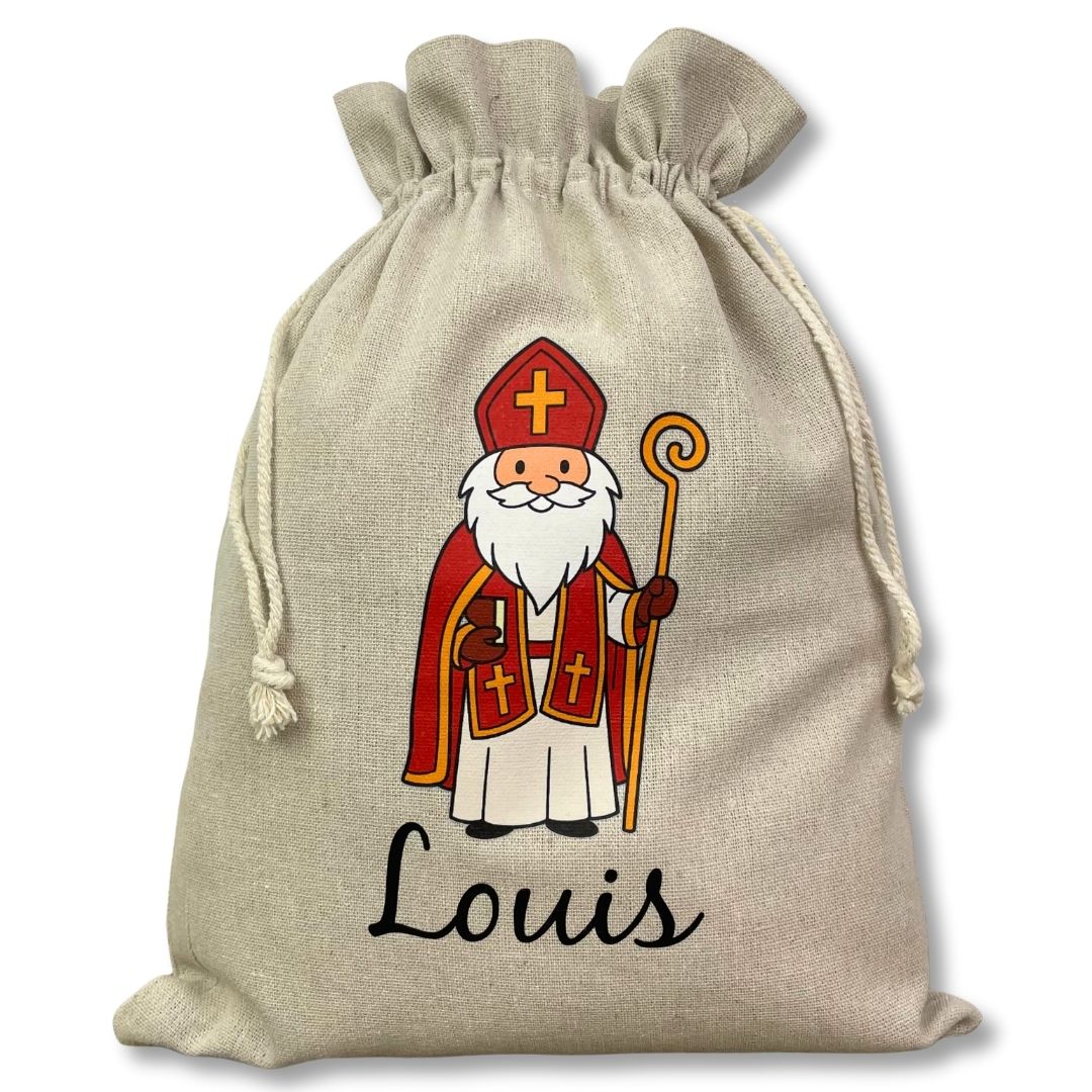 Personalisierter Nikolaussack aus Leinen mit Nikolaus-Motiv und Name Louis