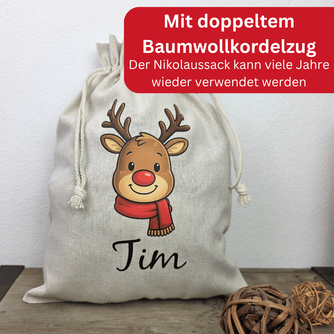 Weihnachtssack mit Namen – RENTIER - Nikolaussack personalisiert