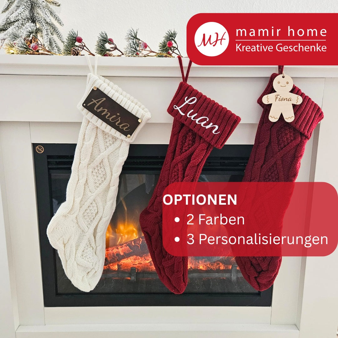 Personalisierte Nikolaussocke in Rot mit weißem Namensaufdruck in Schreibschrift auf dem Bündchen