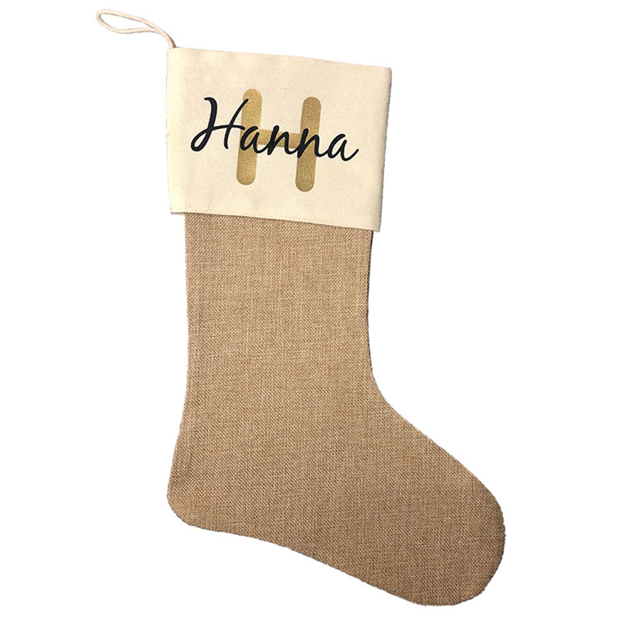 Nikolausstiefel personalisiert mit Name Hanna, befüllt mit Schokolade und Tannenzweig, Weihnachtsstrumpf zum Aufhängen