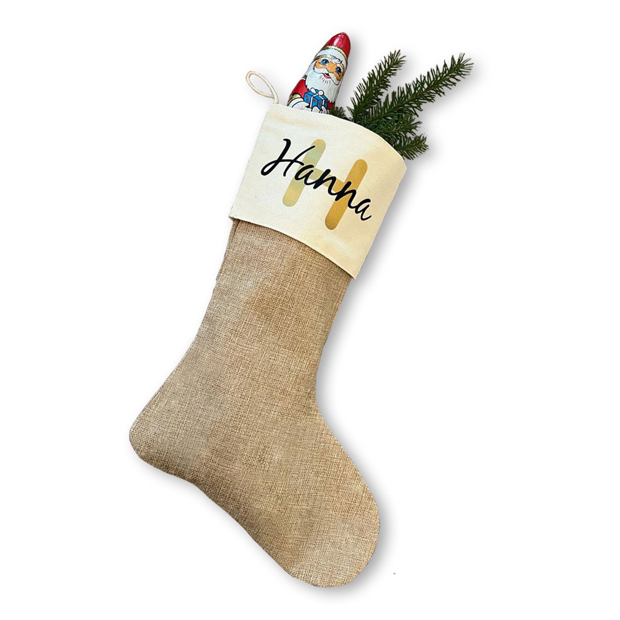 Personalisierter Nikolausstiefel aus Jute und Baumwolle mit Initiale und Name Hanna, Weihnachtsstrumpf zum Befüllen