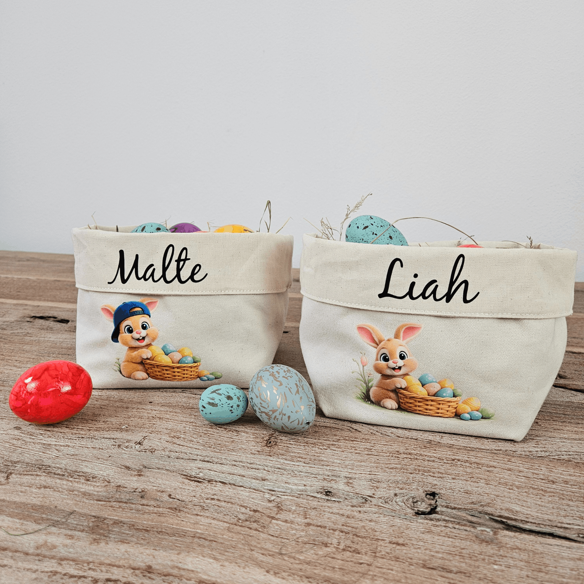 Osternest personalisiert mit Namen – Osterkörbchen für Kinder aus Baumwolle – süßes Ostergeschenk mit Hasenmotiv