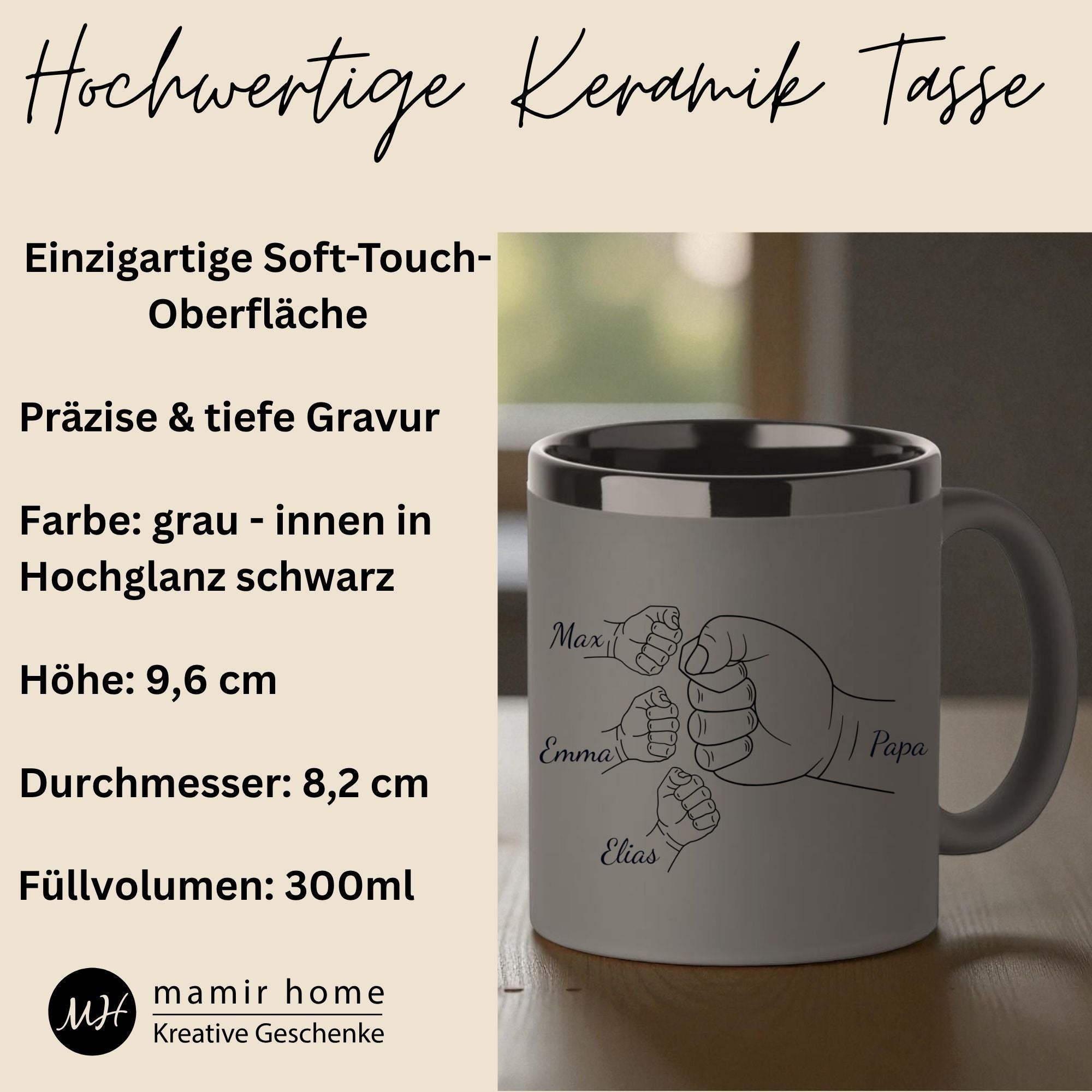 Hochwertige Keramik Tasse in grau mit tiefer Lasergravur und Soft-Touch-Oberflaeche, graviert mit Kinderfaeusten und Papa-Namen.