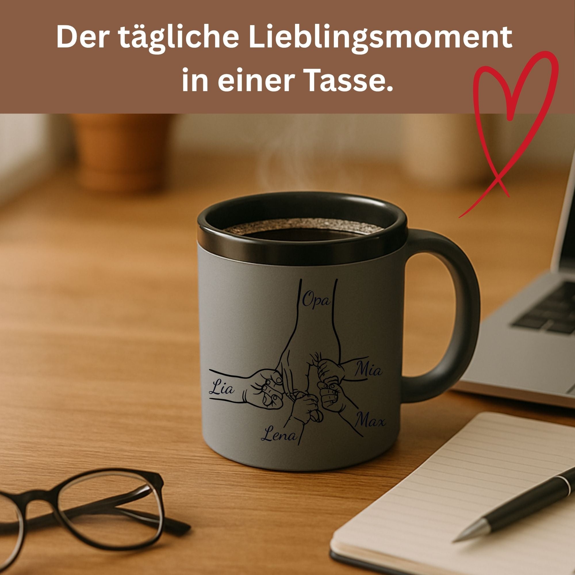 Vier Varianten der Papa Tasse mit individuellen Kindernamen, Auswahlmöglichkeiten für das perfekte personalisierte Geschenk.