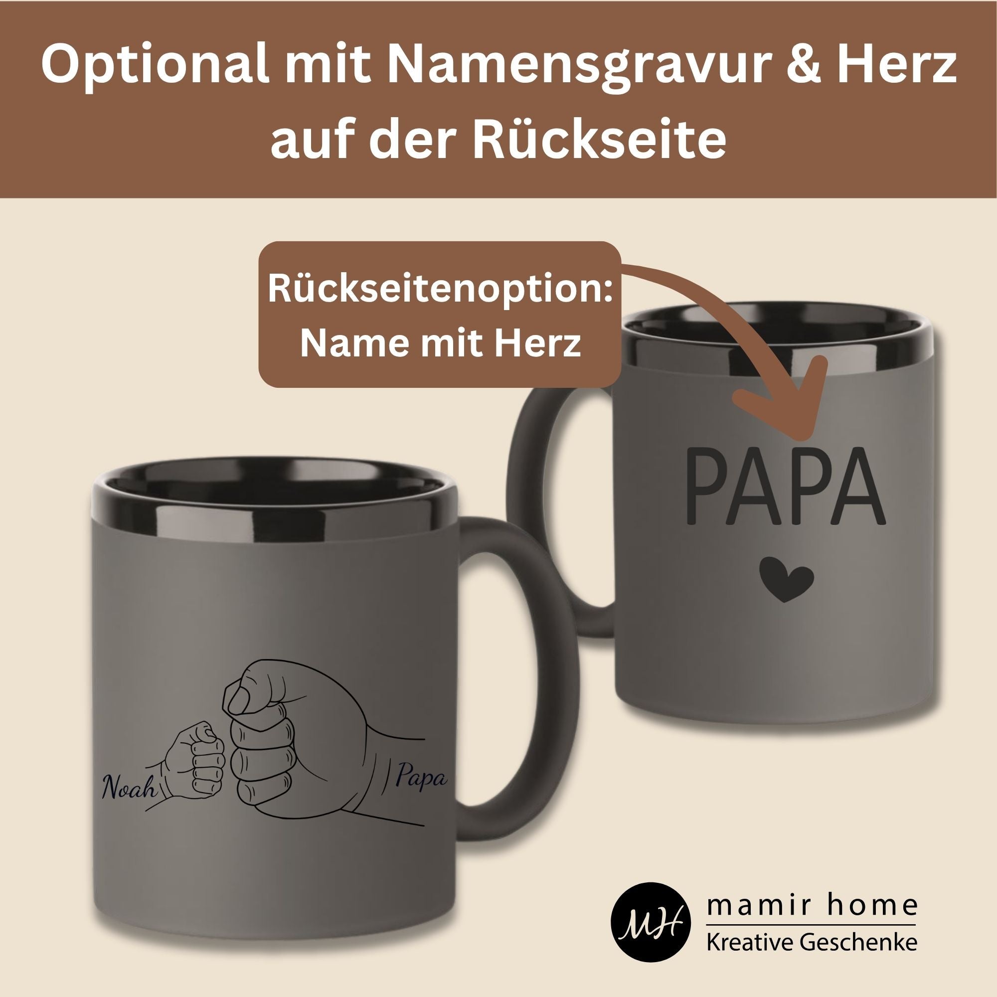 Personalisierte Papa Tasse in grau mit Gravur, Kinderfaeusten und optionaler Rueckseiten-Gravur mit Name und Herz – perfektes Geschenk fuer Papa oder Opa.