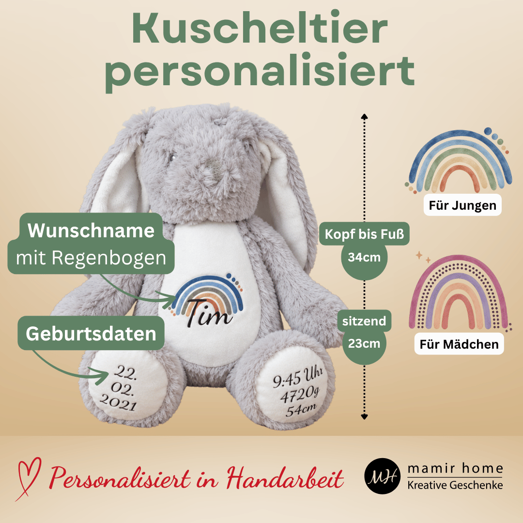 Personalisierter Kuschelhase mit Name und Geburtsdaten | Regenbogen Design