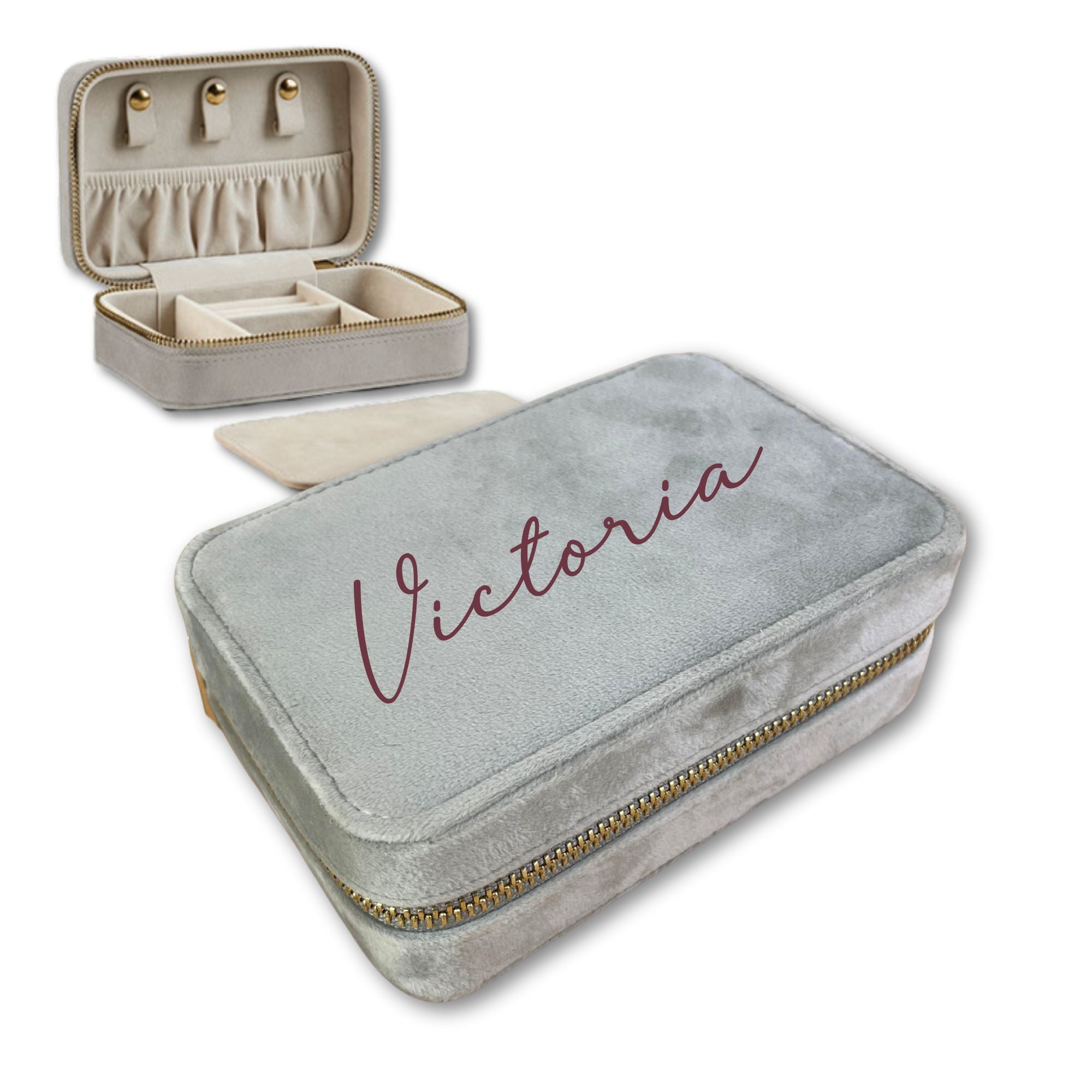 Personalisierte Schmuckbox aus Samt in Grau mit bordeaux Namensdruck Victoria – elegantes Geschenk für Frauen.