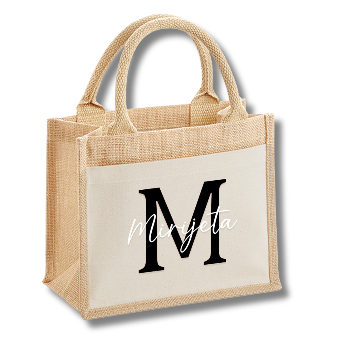 Personalisierte kleine Jutetasche mit Initial und Namen – Geschenkidee für Frauen, ideal als nachhaltige Geschenktasche


