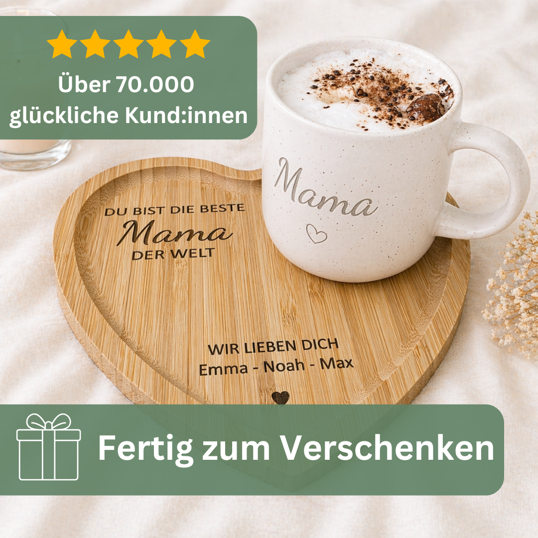 Muttertagsgeschenk Mama personalisiert – Tasse mit Herz-Tablett | Geschenk für Mama mit Namen | Du bist die beste Mama/Oma der Welt