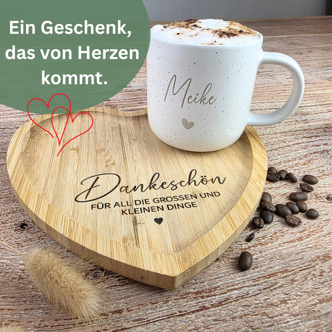 Dankeschön Geschenk mit Tasse & Herz-Tablett personalisiert