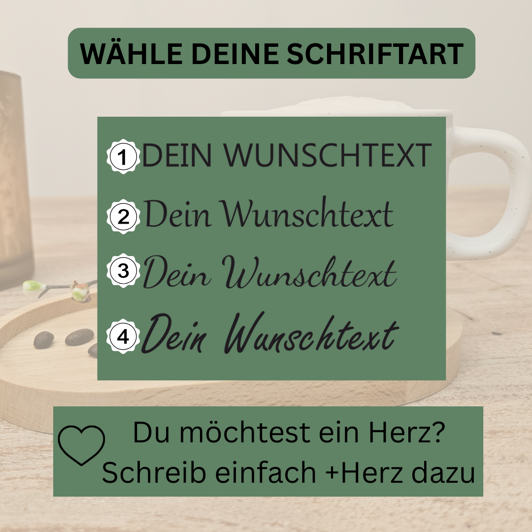 Personalisierte Tasse mit Wunschtext – Auswahl verschiedener Schriftarten