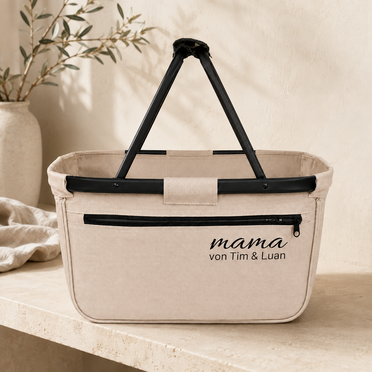 Personalisierter Einkaufskorb für Mama mit Kindernamen – Beige