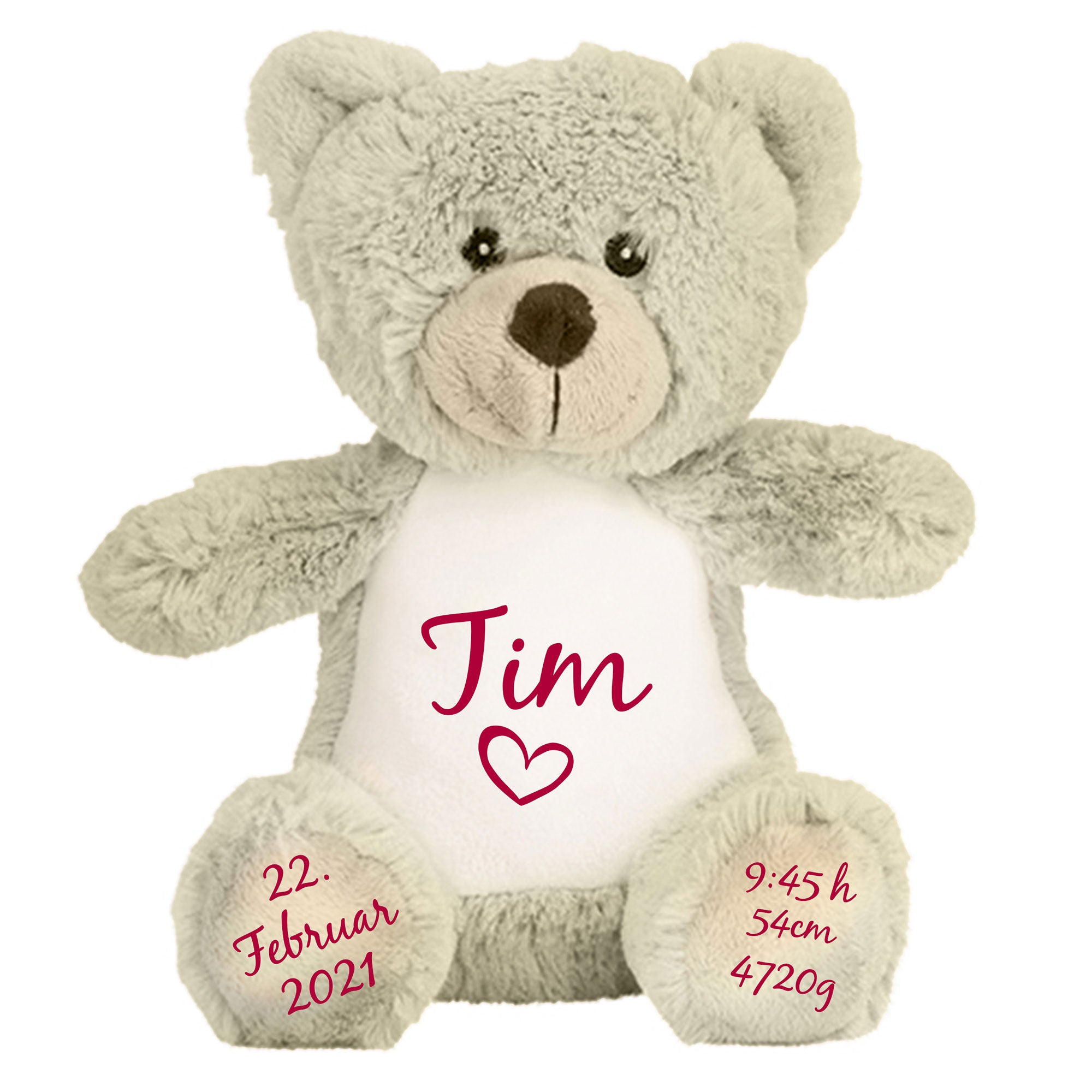 Freigestellter Teddybär mit Name Tim – personalisiertes Kuscheltier mit Geburtsdaten