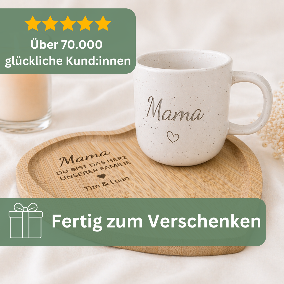 Muttertagsgeschenk Mama personalisiert – Tasse Mama & Herz Tablett mit Gravur | Geschenk für Mama & Oma | Du bist das Herz unserer Familie + Namen