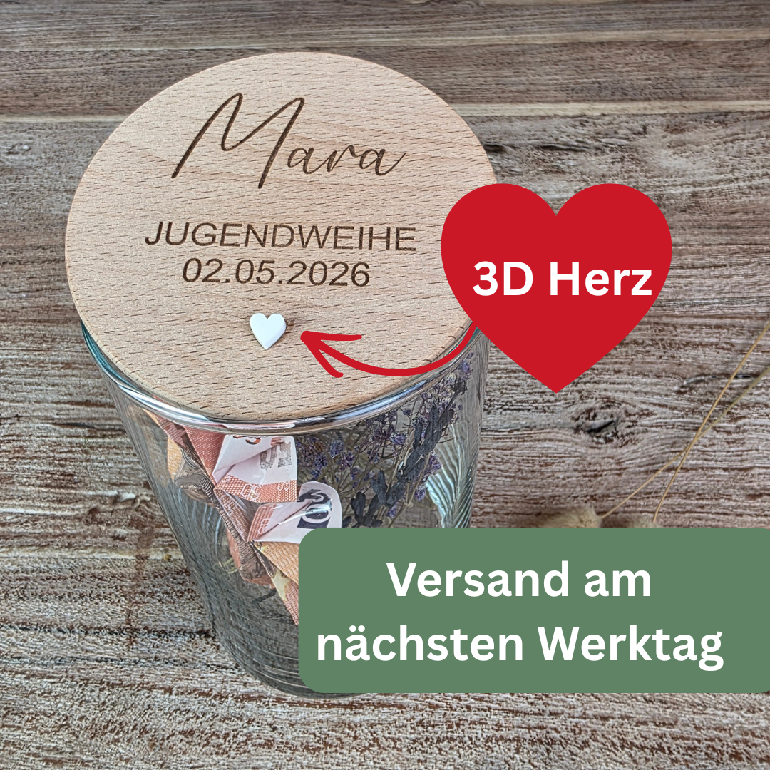 Erinnerungsgeschenk zur Jugendweihe mit personalisierter Gravur, Glas mit Holzdeckel und 3D Herz als bleibende Erinnerung
