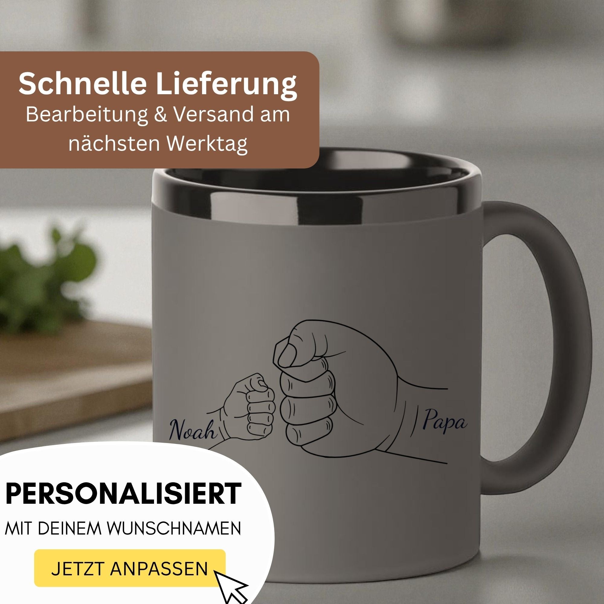 Papa Tasse mit Soft-Touch-Oberflaeche und individueller Gravur auf einer Terrasse fotografiert – Geschenkidee fuer Papa oder Opa.
