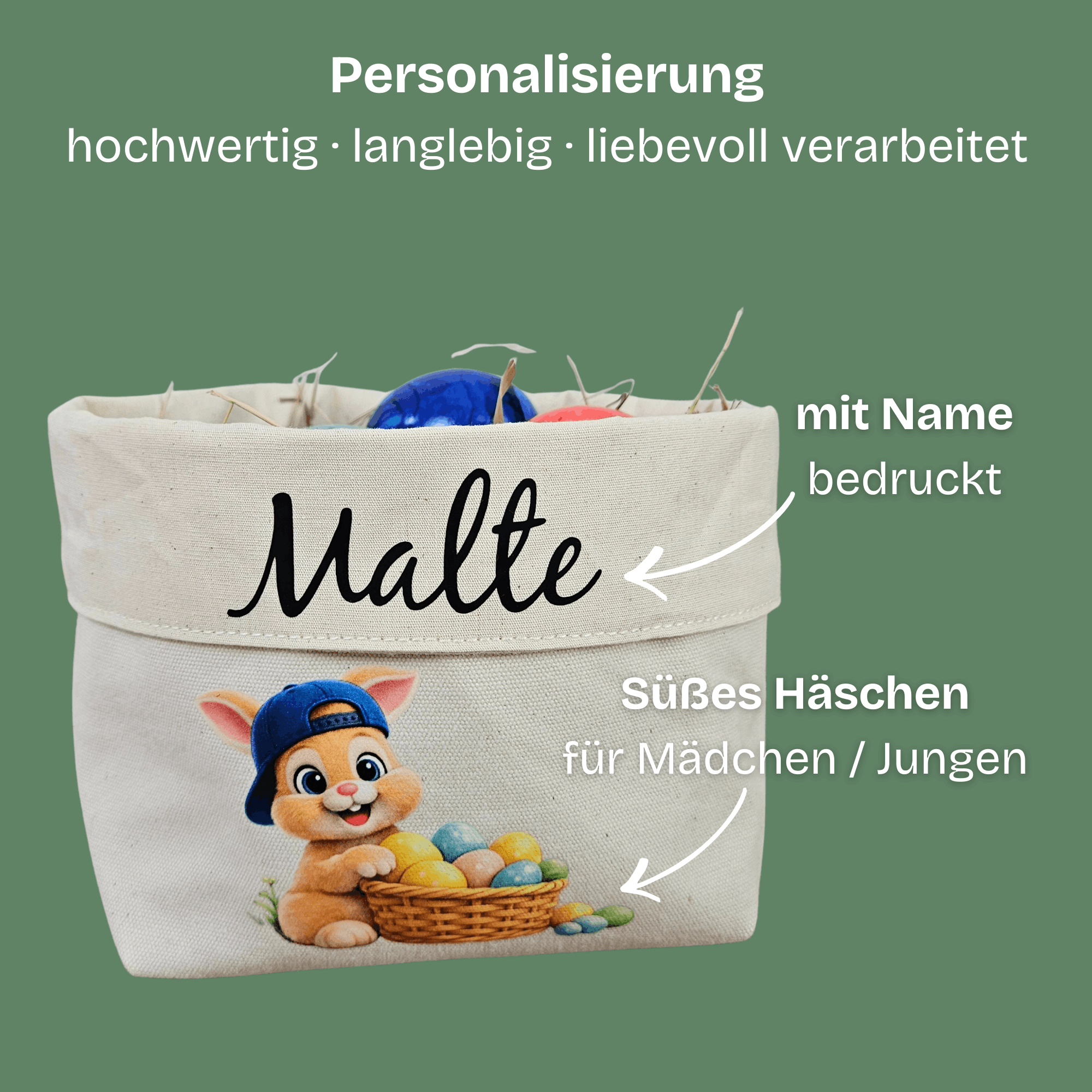 Osternest personalisiert mit Namen – Osterkörbchen für Kinder aus Baumwolle – süßes Ostergeschenk mit Hasenmotiv