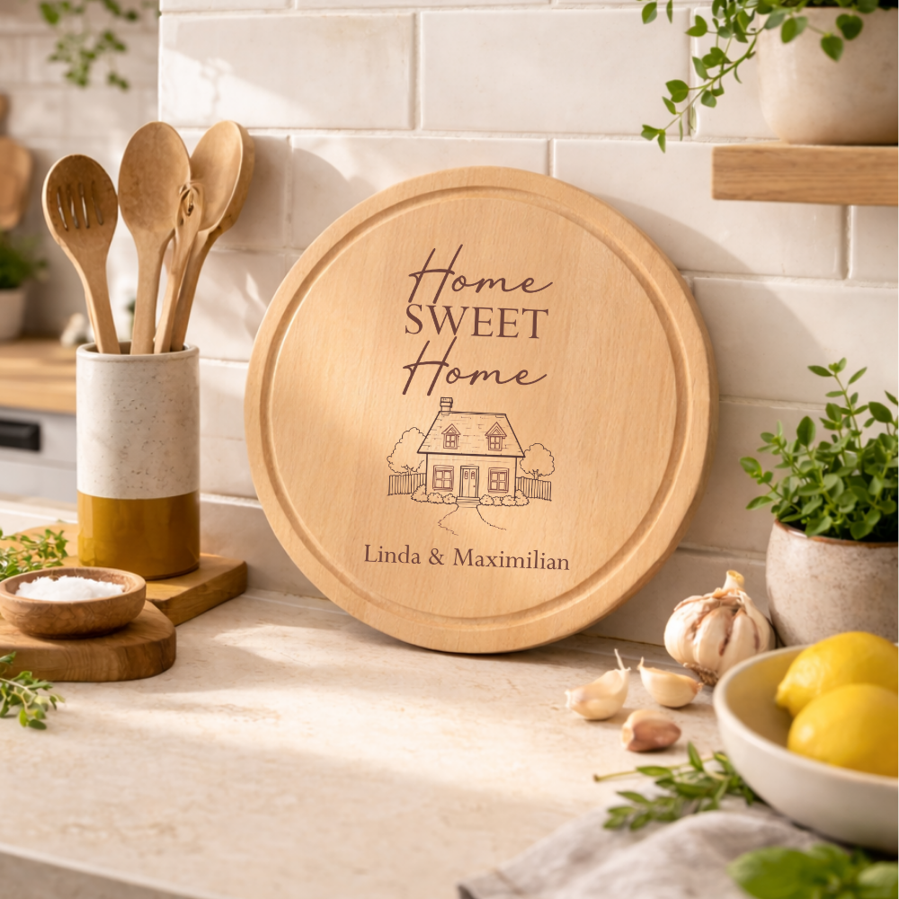Personalisierte Geschenkidee zum Einzug – Rundes Schneidebrett Home Sweet Home aus Holz mit Gravur & Namen (20 cm / 25 cm)