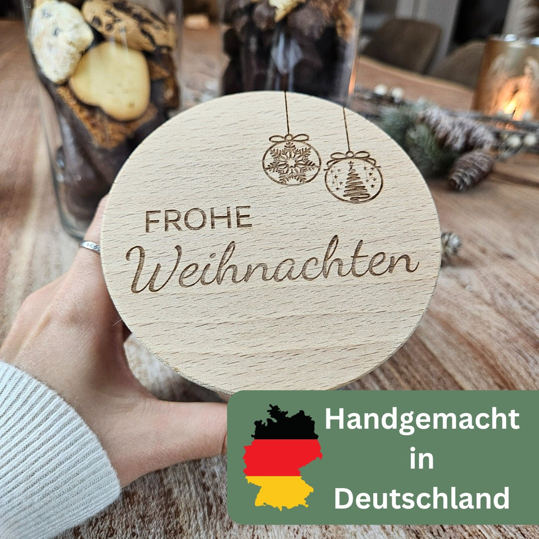 Handgemachte Plätzchendose aus Glas, Gravur „Frohe Weihnachten“, hergestellt in Deutschland