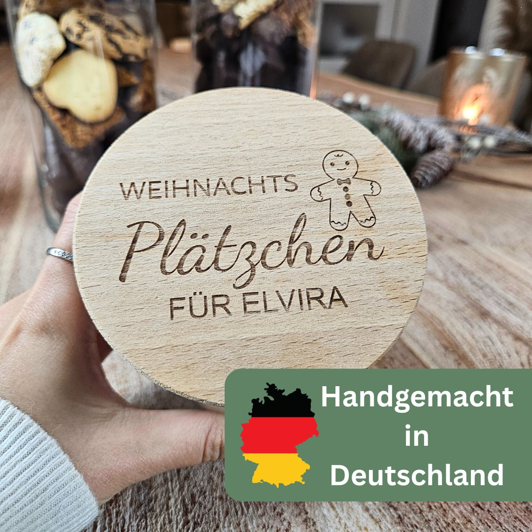 Handgemachte Plätzchendose Weihnachten aus Glas mit Gravur in Deutschland, Weihnachtsgeschenk personalisiert