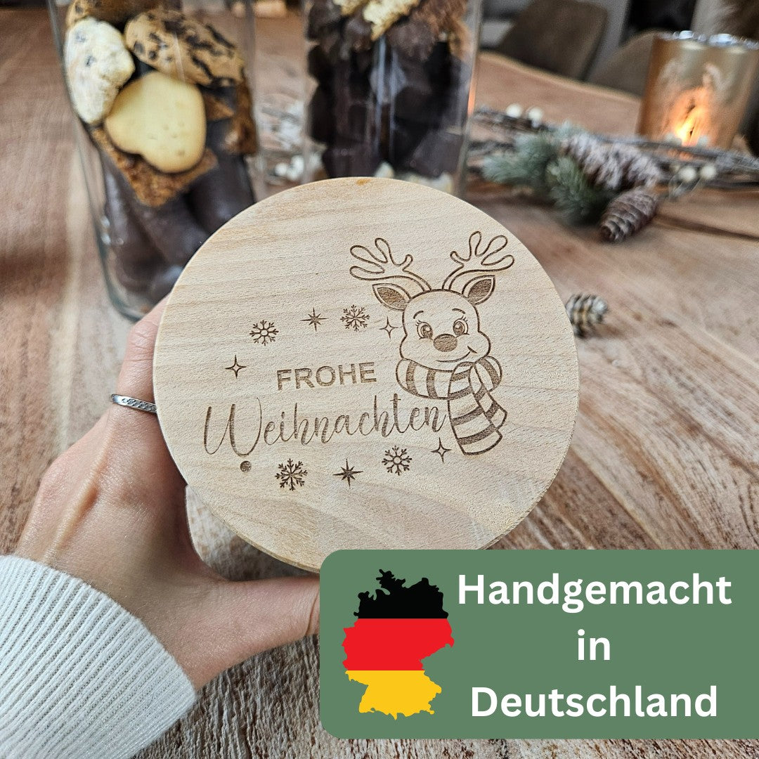 Handgemachte Plätzchendose Weihnachten mit Rentier-Motiv „Frohe Weihnachten“