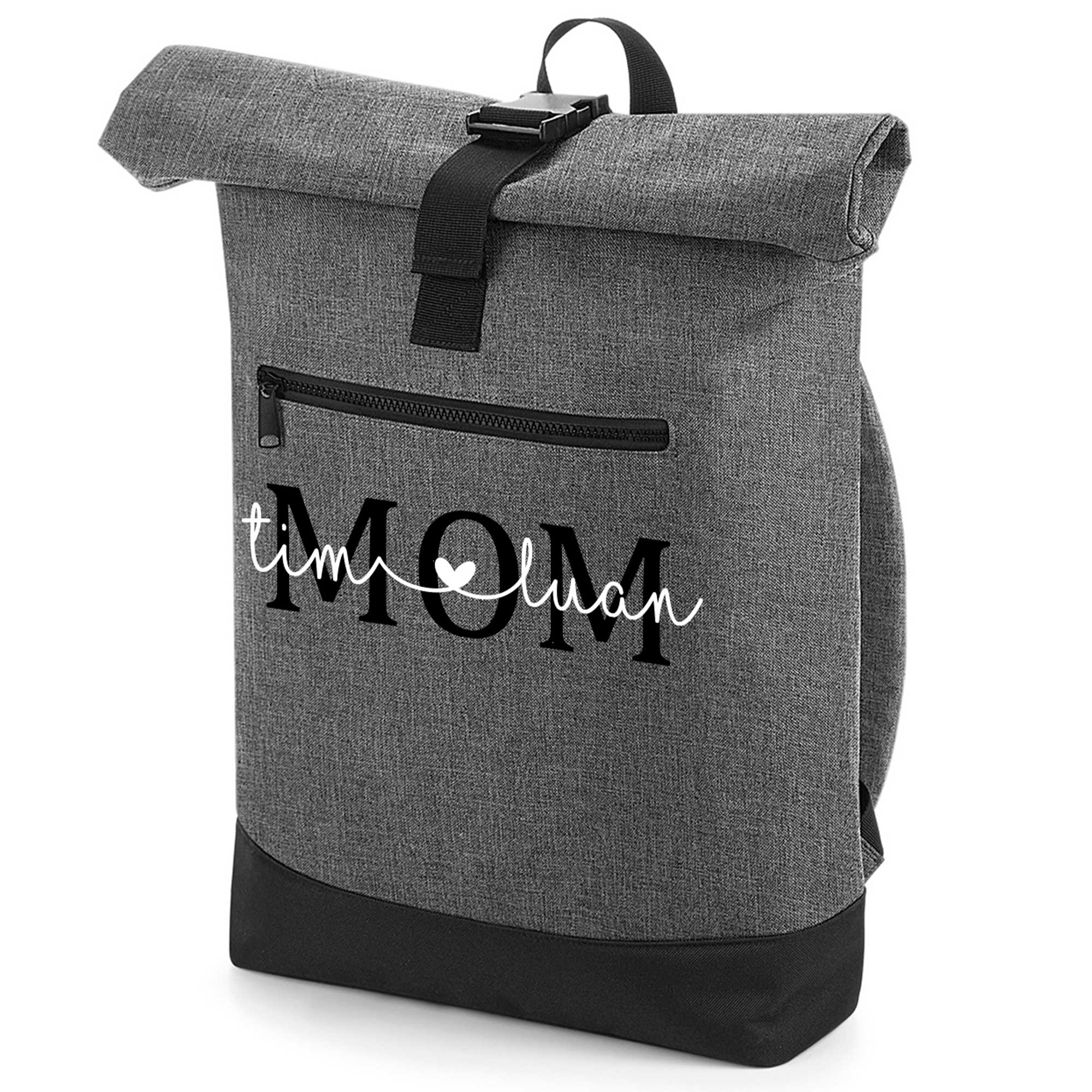 Rolltop-Rucksack personalisiert – grauer Rucksack MOM mit weißer Herzlinie und Kindernamen