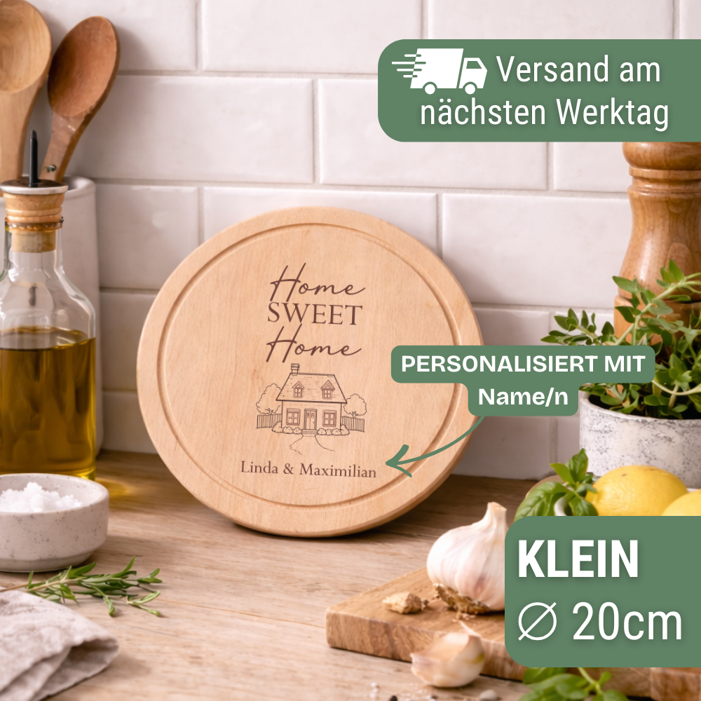 Personalisierte Geschenkidee zum Einzug – Rundes Schneidebrett Home Sweet Home aus Holz mit Gravur & Namen (20 cm / 25 cm)
