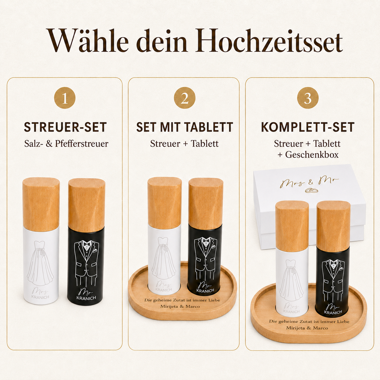 Drei Varianten des Hochzeitsgeschenks: Salz- und Pfeffermühlen, Set mit Holztablett sowie Komplettset mit Geschenkbox.