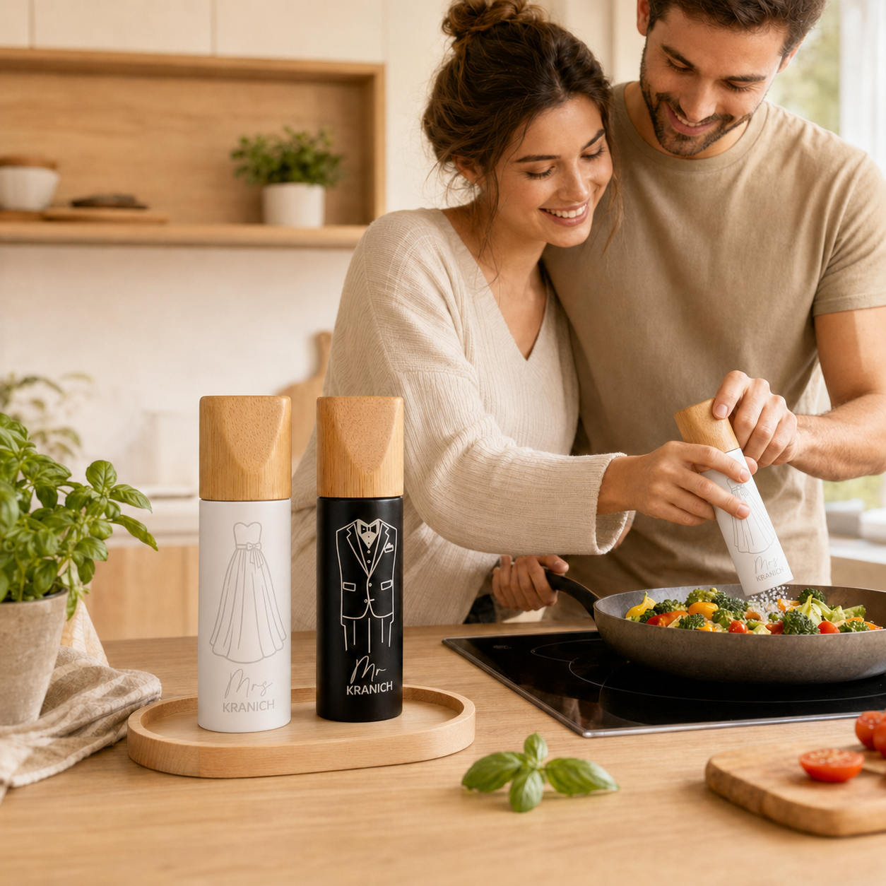 Brautpaar verwendet die personalisierten Salz- und Pfeffermühlen beim gemeinsamen Kochen in einer modernen Küche.