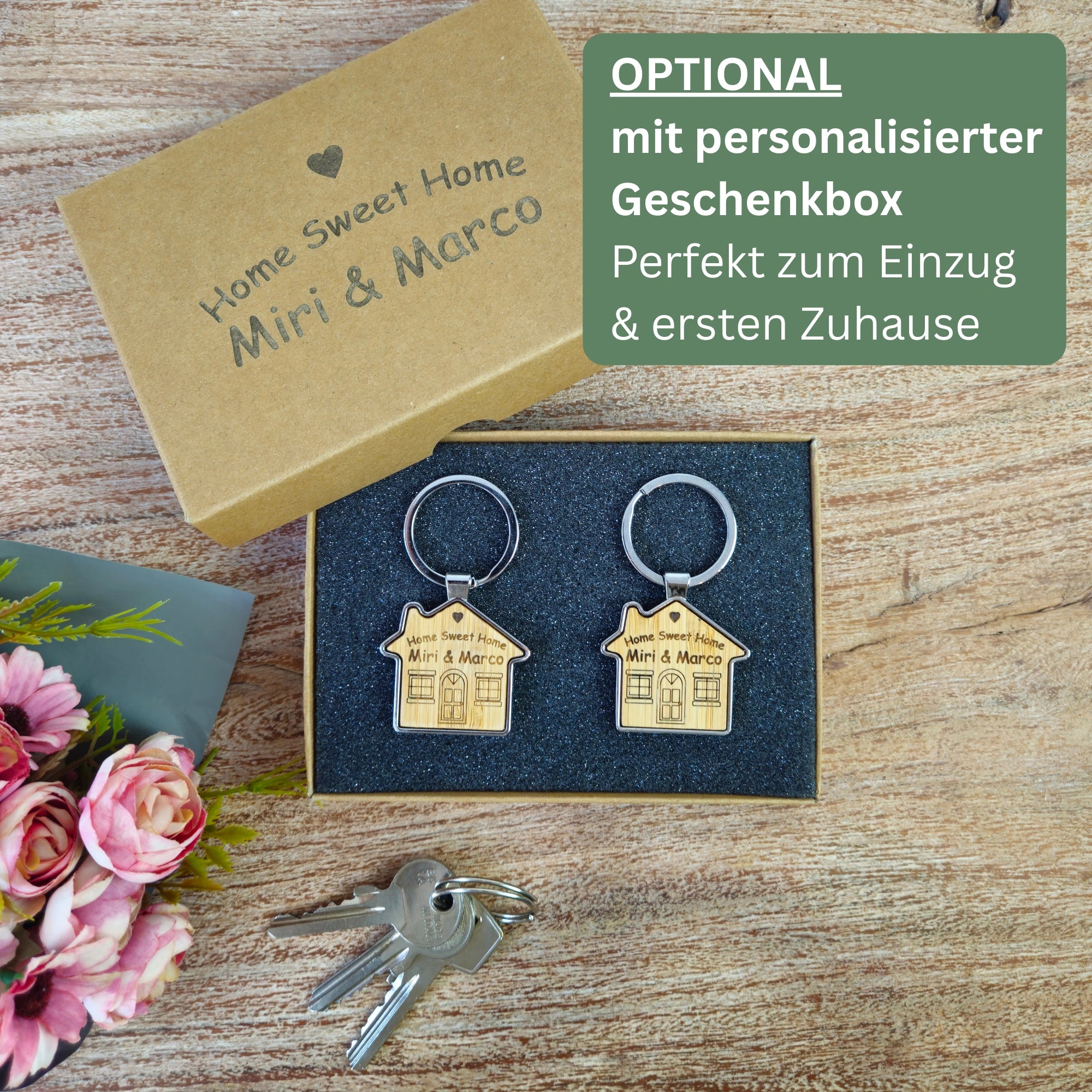 Schlüsselanhänger mit Namen und personalisierter Geschenkbox als Geschenk zum Einzug