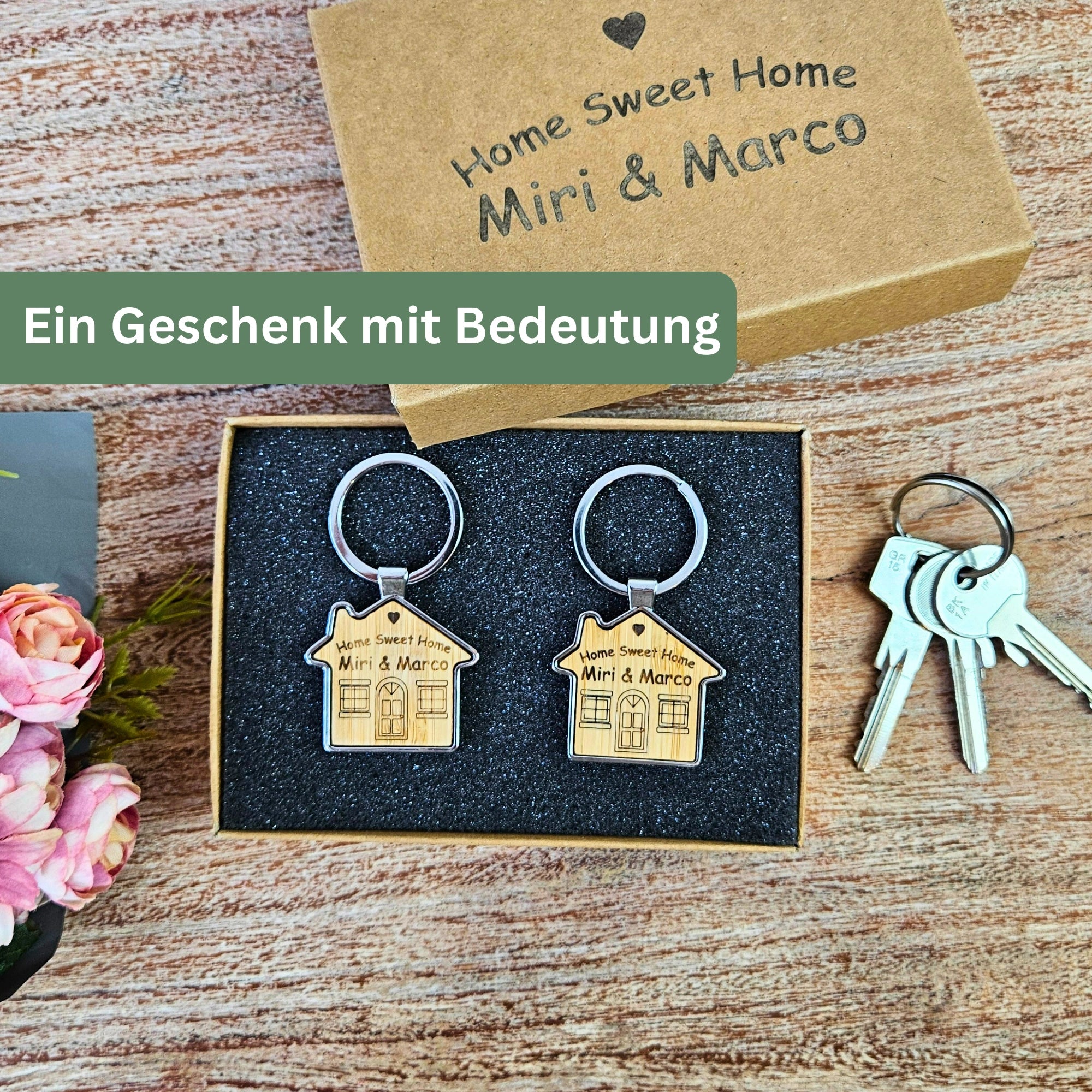 Personalisierte Geschenkbox mit Schlüsselanhänger zum Hauskauf oder Umzug
