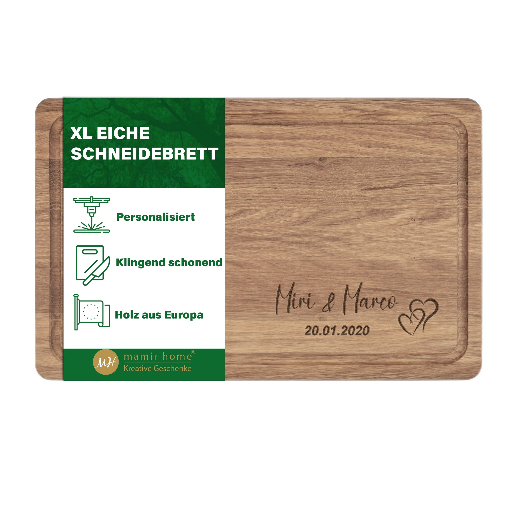 Personalisiertes Schneidebrett aus Eichenholz mit zwei Namen, Herzsymbol und Datum als Hochzeitsgeschenk
