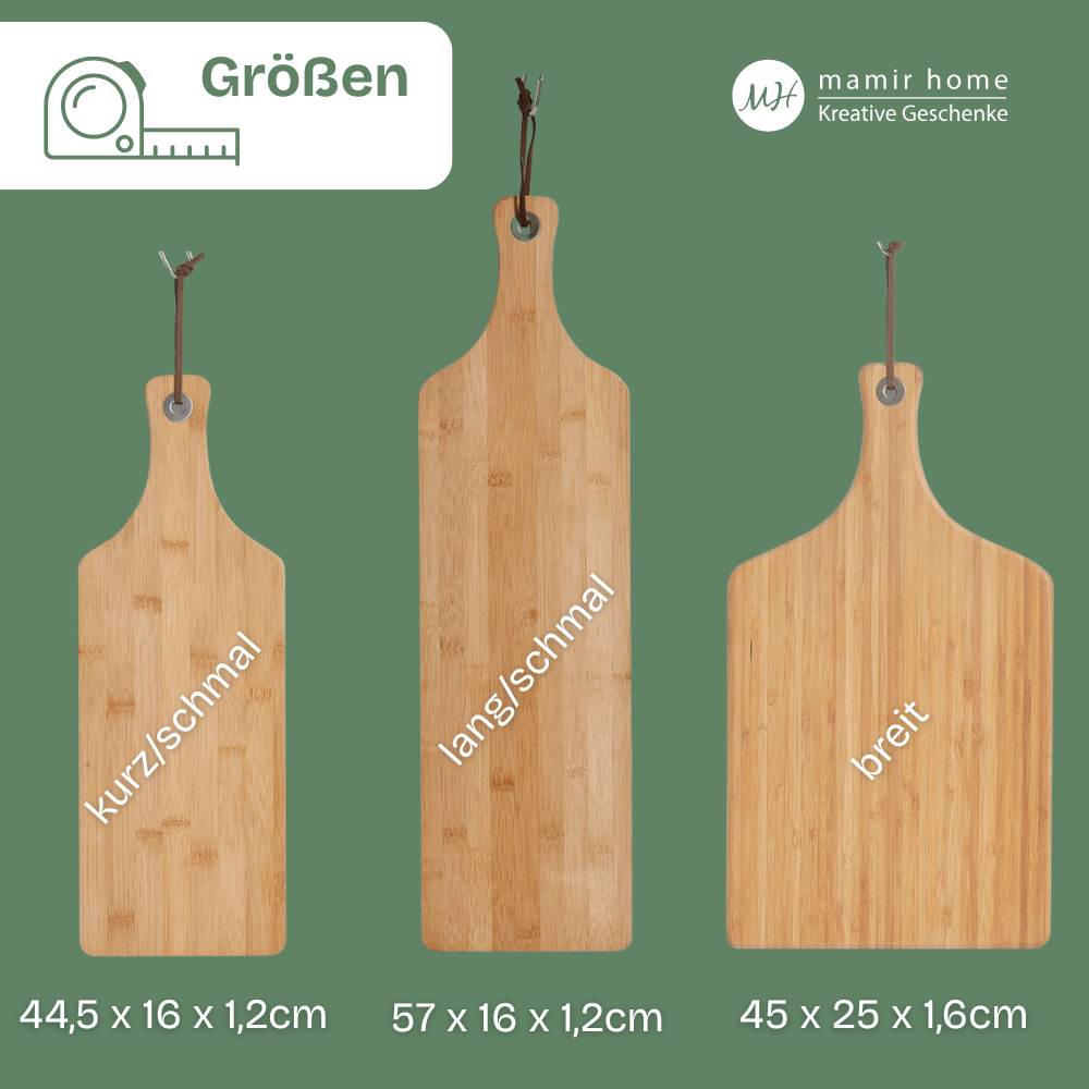 Personalisierte Schneidebretter aus Bambus in drei Größen im Vergleich. Gravierte Holzbrett Hochzeitsgeschenke mit Namen und Datum – ideal als Geschenk zur Hochzeit oder Einzug für Paare.