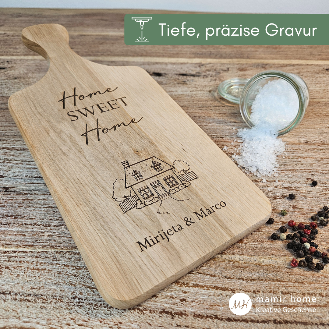Tiefe, präzise Gravur auf Holzbrett Home Sweet Home – hochwertiges Geschenk zum Hausbau oder Einzug