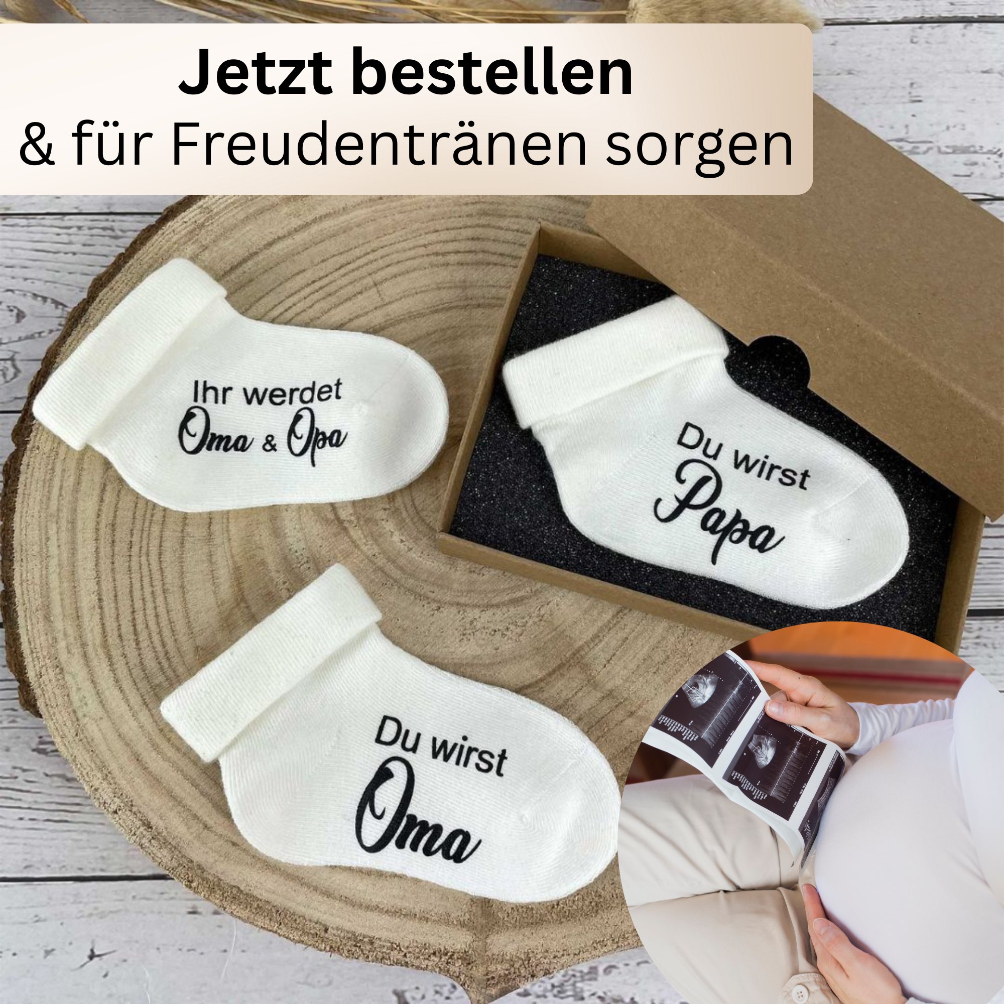 Schwangerschaftsverkündung mit Babysocken und Ultraschallbild als emotionale Geschenkidee
