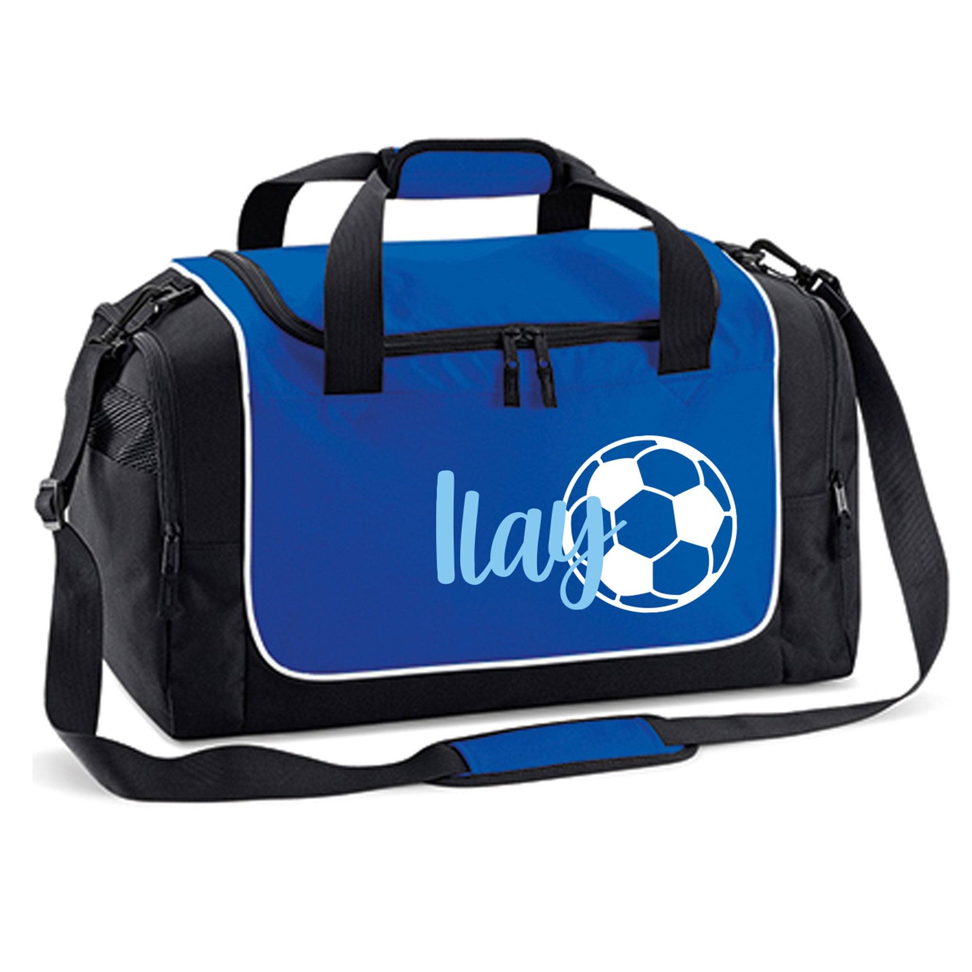 Blaue Fußballtasche für Kinder mit Namen personalisiert – sportliche Tasche für junge Fußballfans