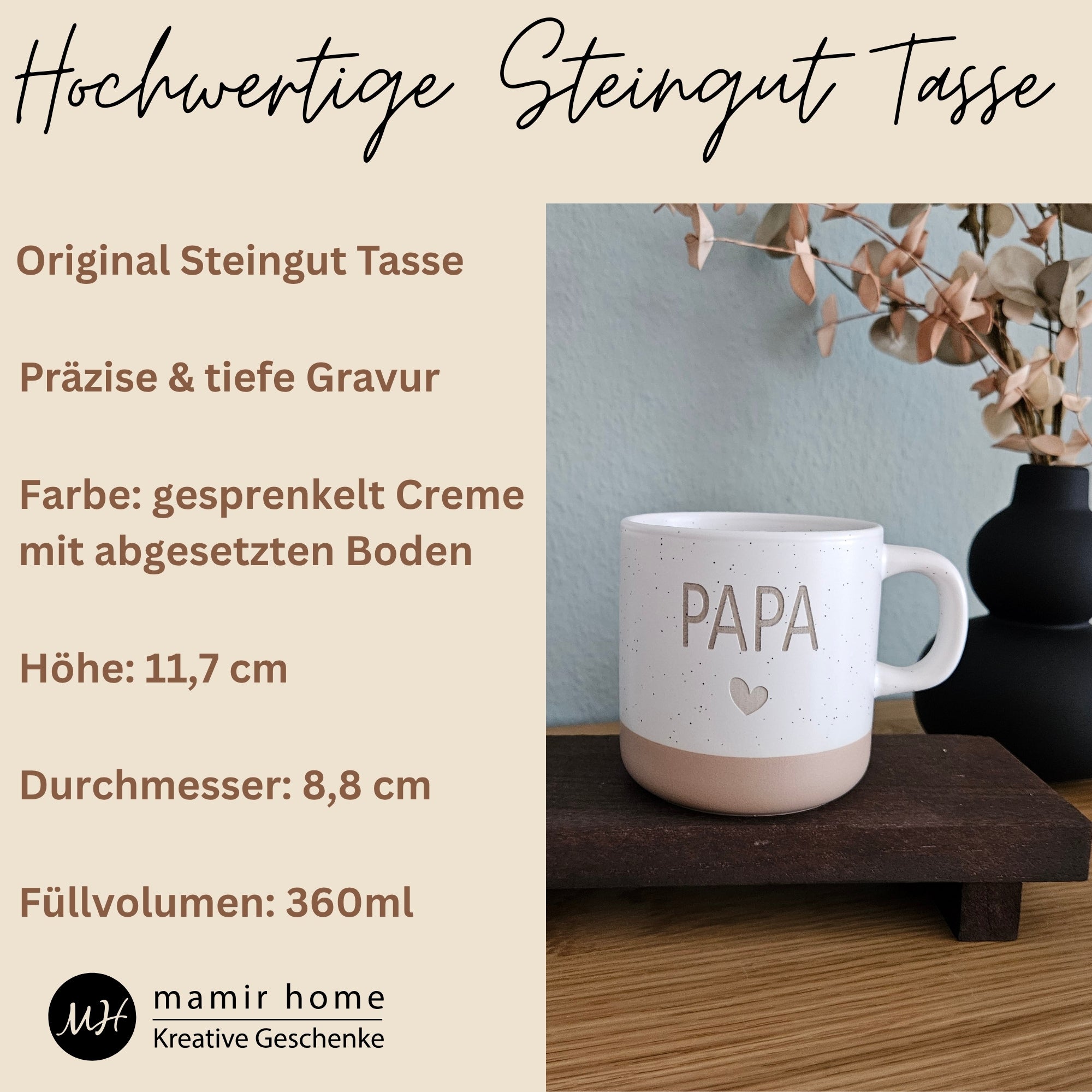 Hochwertige Steingut Tasse mit Gravur PAPA, Infos zu Größe und Füllmenge