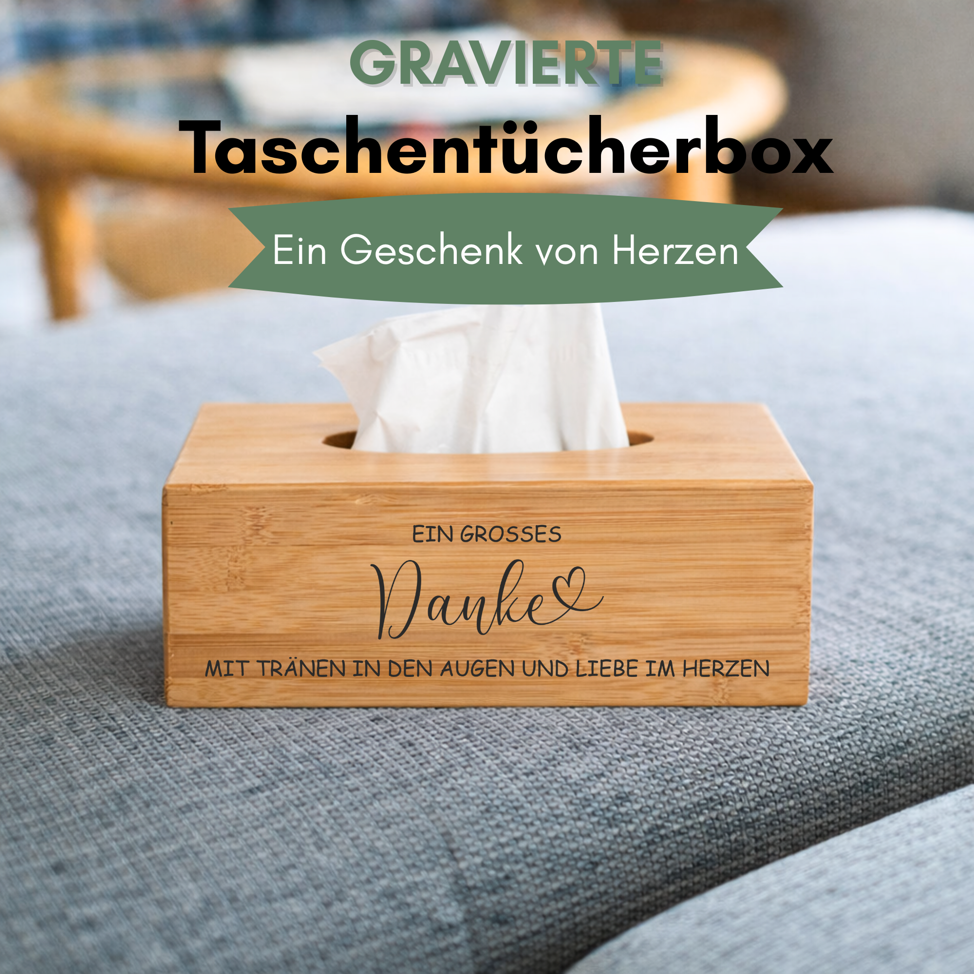 Taschentuchbox personalisiert im Wohnbereich als stilvolles Danke Geschenk und besonderes Abschiedsgeschenk für Kollegin oder Lehrerin